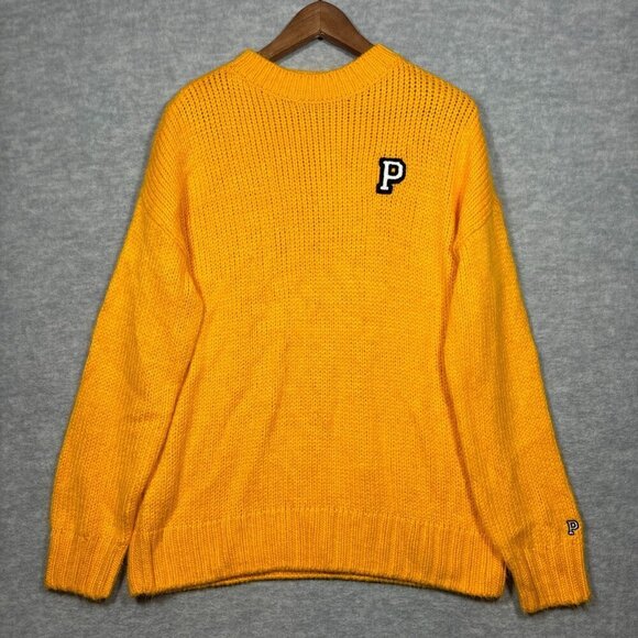 Victoria's Secret Pink Yellow Sweater Womens M Pullover Varsity Style Crew Neck - Picture 1 of 6